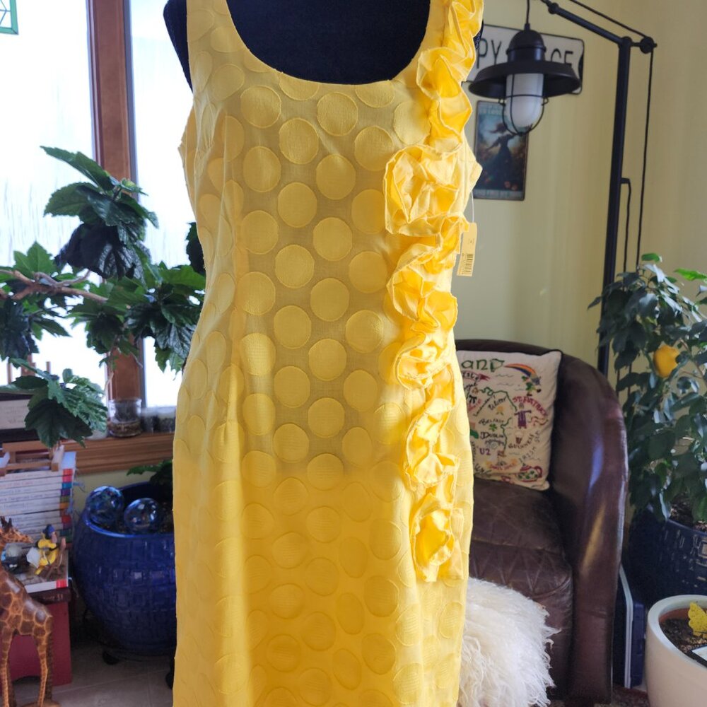 25111 NWT!! New Directions Lemon Yellow Sleeveless Dot Ruffle Dress Sz 14